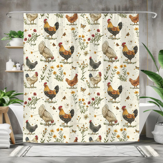 A shower curtain featuring a pattern with various chickens and wildflowers on a beige background.