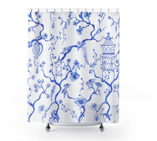 Blue & White Chinoiserie Pagoda Shower Curtain