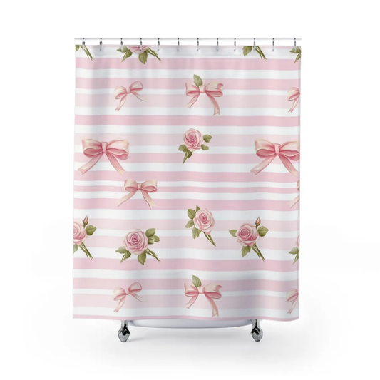 Coquette Pink Striped Bow Rose Shower Curtain