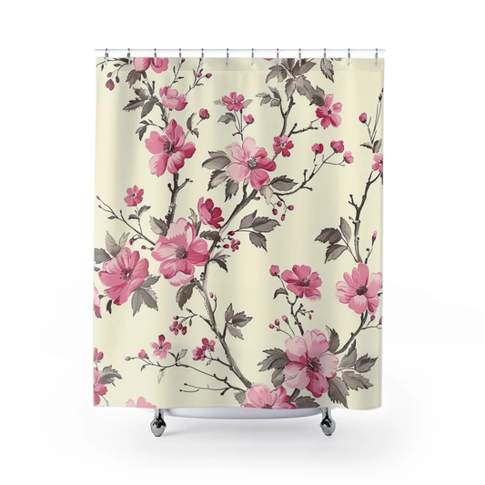 A shower curtain featuring a floral cherry blossom design with pink flowers on a beige background.