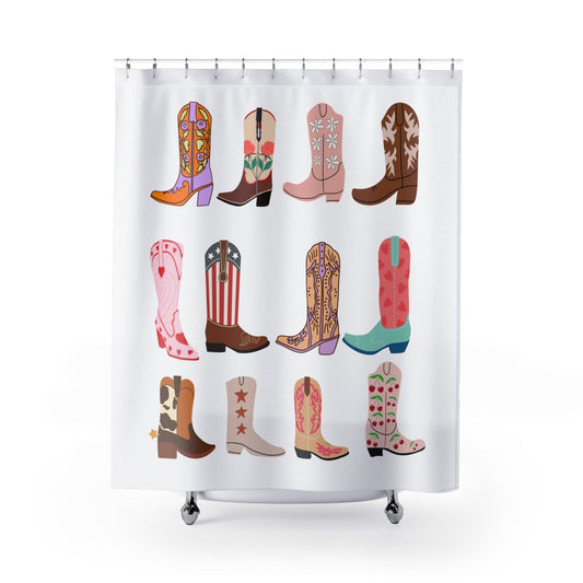 A shower curtain featuring a vibrant pattern of various western cowboy and cowgirl boots in multiple colors.