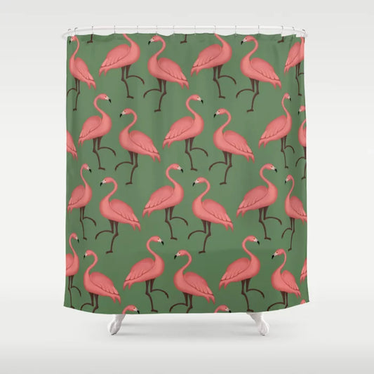 Pink Flamingos White Lotus Shower Curtain