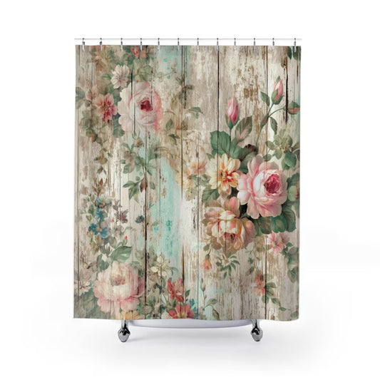 A shower curtain with a floral design featuring roses in shades of pink and green, on a beige background with wood grain patterns.