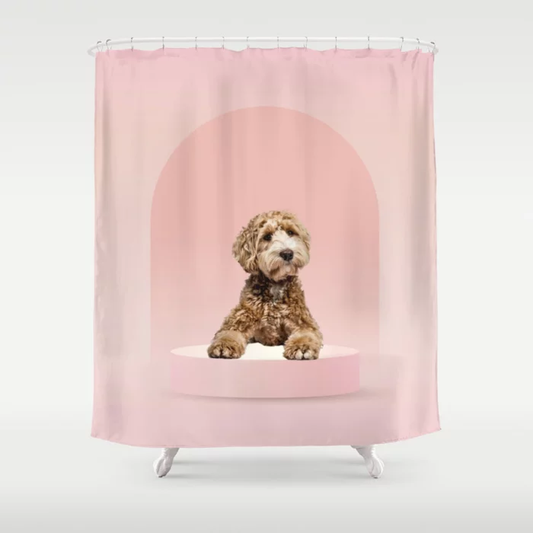 Goldendoodle Laying on Pastel Pink Podium Shower Curtain