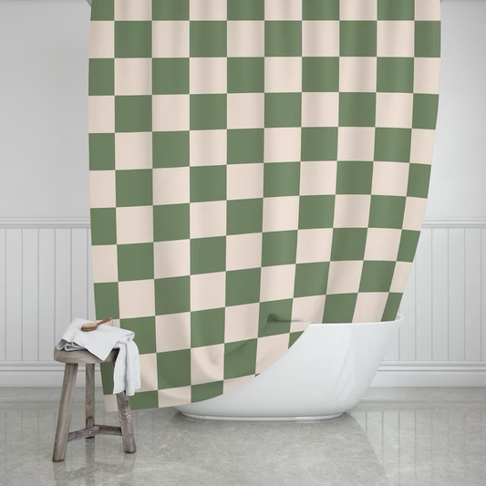 Green Checkered Boho Farmhouse Shower Curtain