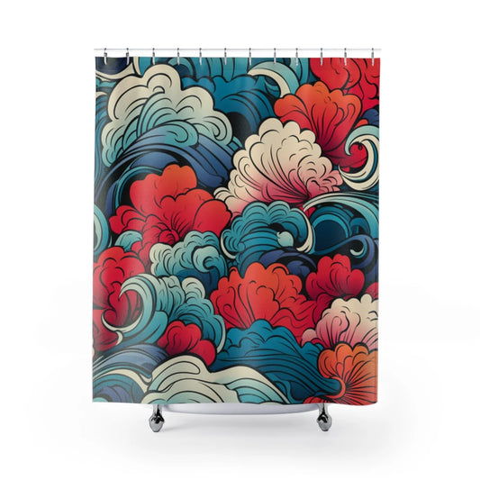 Botanical Retro Wildflowers Japanese Tattoo Art Inspired Shower Curtain