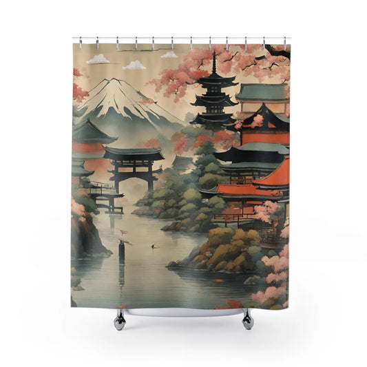 Japanese Garden Temple Themed Shower Curtain