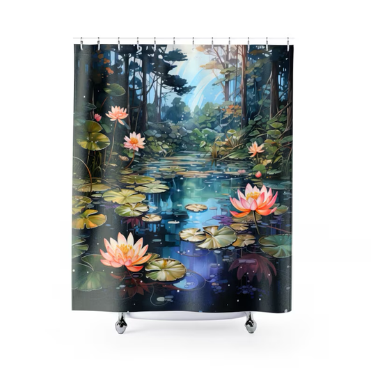 A shower curtain featuring a vibrant print of a pond scene with lotus flowers and greenery.