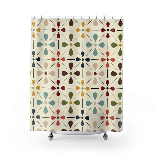 A shower curtain with a mid-century modern geometric pattern featuring a multicolored design with teardrop and star shapes.