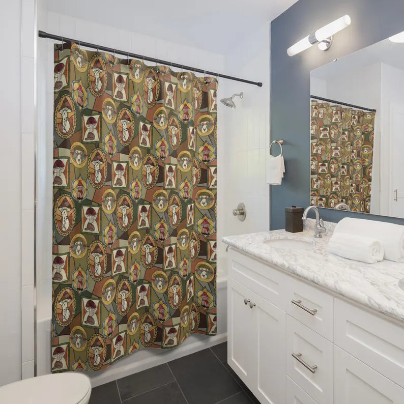 Mushroom Boho Green Shower Curtain