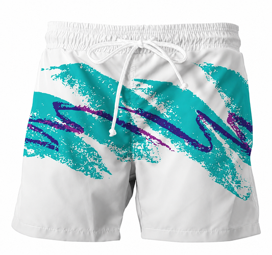 White swim trunks with a white drawstring, featuring a bold graphic print of teal and purple brushstrokes across the front.