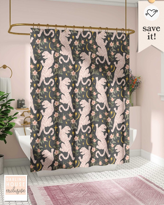 Pink + Black Tiger Retro Tropical Floral Print Shower Curtain