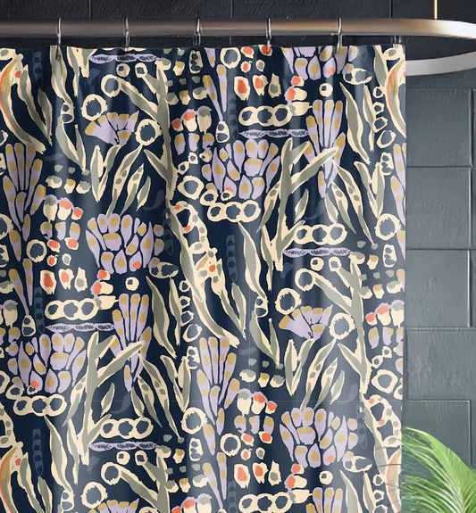 Purple Abstract Illustrated Floral Botanical Inspired Painted Shower Curtain