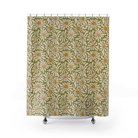 A shower curtain with a floral pattern in shades of green and orange displayed in a bathroom setting.