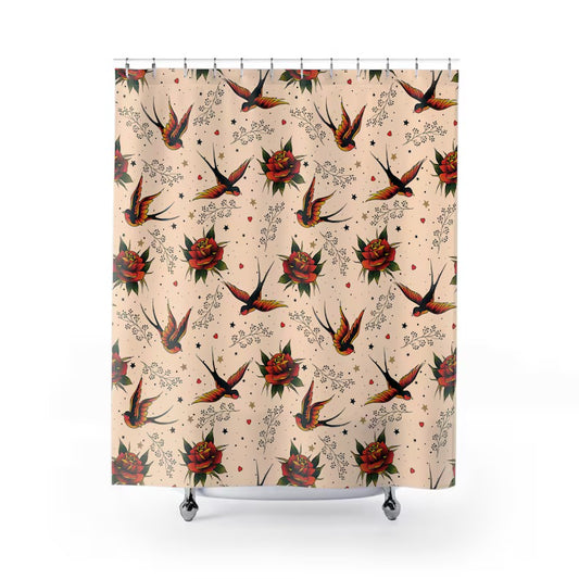 A shower curtain with a vintage pattern featuring bold colors and intricate floral and bird designs on a beige background.