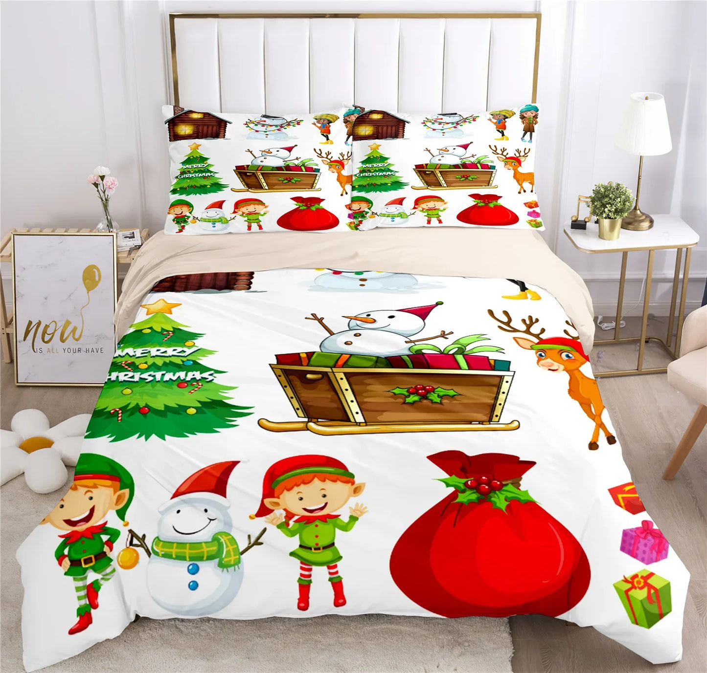 Merry Christmas Santa Claus Holiday Bedding Set – Classic Plaid Christmas Duvet Cover with Pillowcases