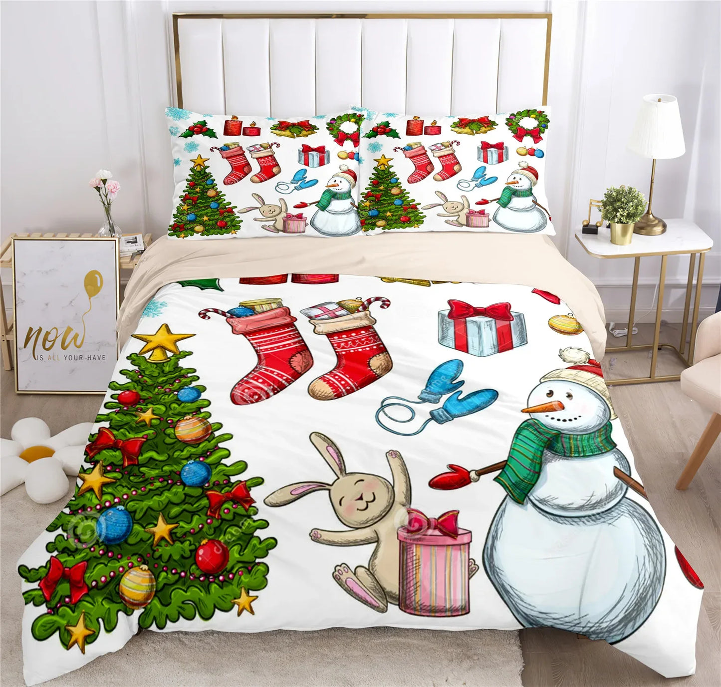 Merry Christmas Santa Claus Holiday Bedding Set – Classic Plaid Christmas Duvet Cover with Pillowcases