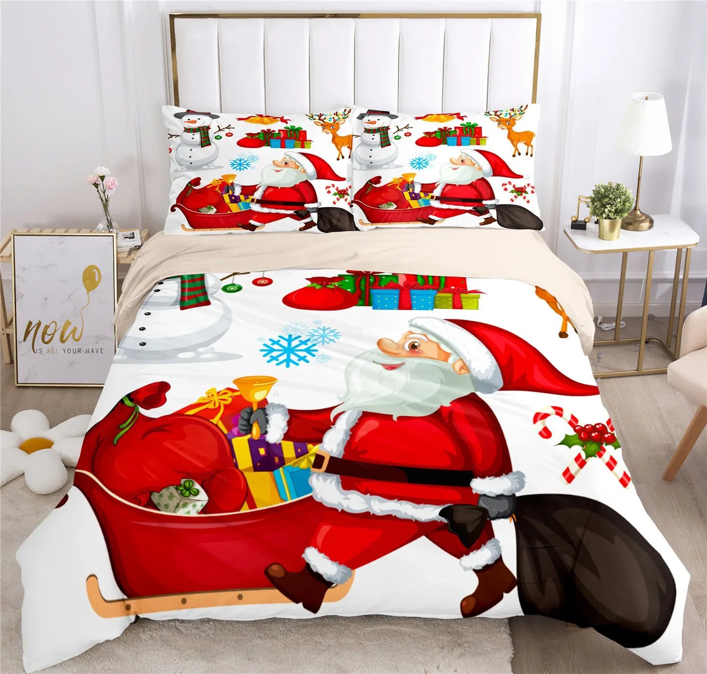 Merry Christmas Santa Claus Holiday Bedding Set – Classic Plaid Christmas Duvet Cover with Pillowcases