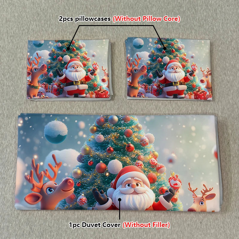 Christmas Duvet Cover Set – Santa & Reindeer Design, 3-Piece Holiday Bedding with Pillowcases