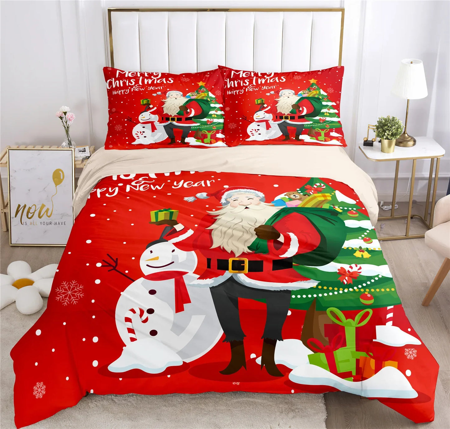 Merry Christmas Santa Claus Holiday Bedding Set – Classic Plaid Christmas Duvet Cover with Pillowcases