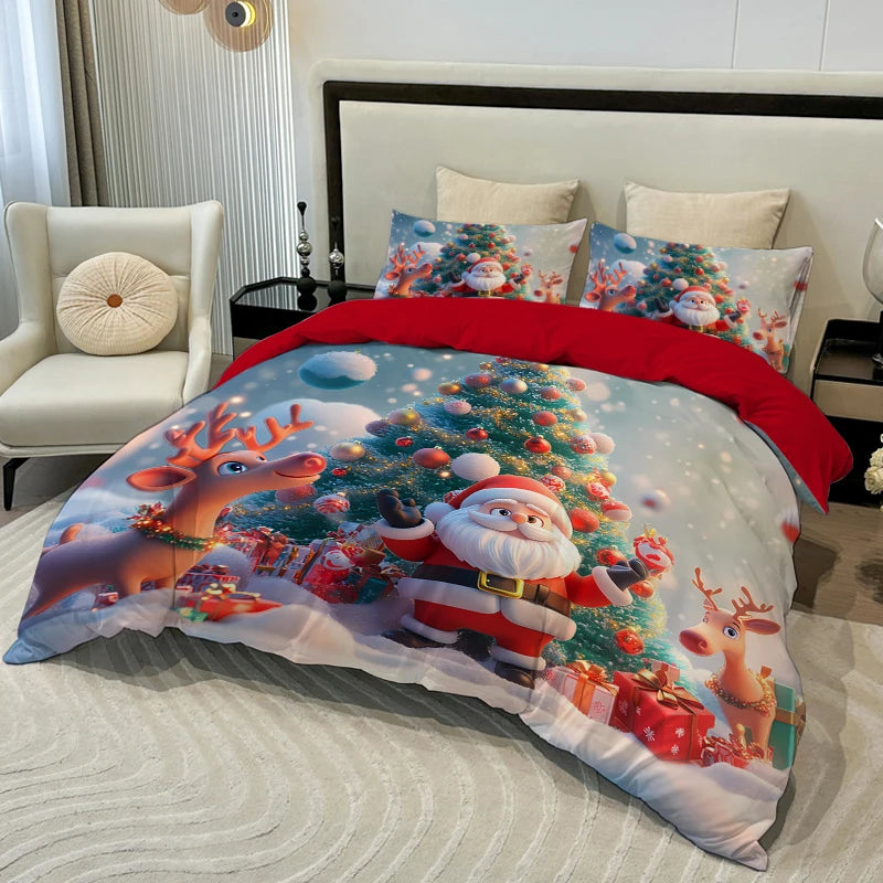 Christmas Duvet Cover Set – Santa & Reindeer Design, 3-Piece Holiday Bedding with Pillowcases