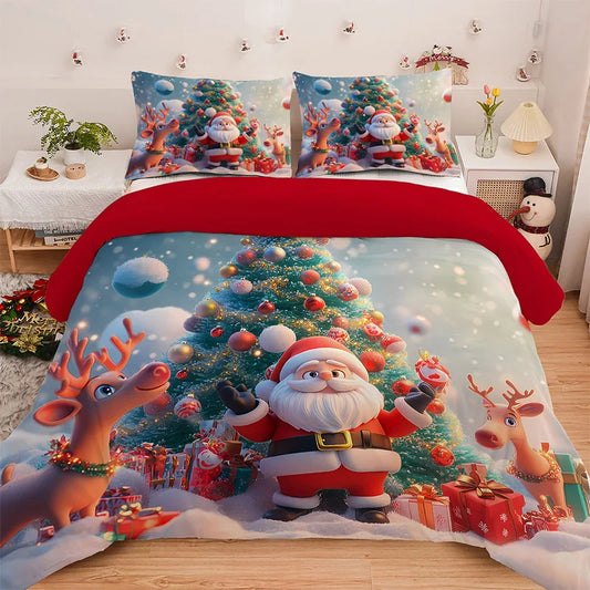 Christmas Duvet Cover Set – Santa & Reindeer Design, 3-Piece Holiday Bedding with Pillowcases