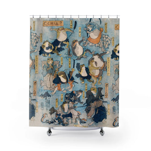 A vintage Japanese folklore themed shower curtain featuring traditional characters and motifs in a blue color palette.