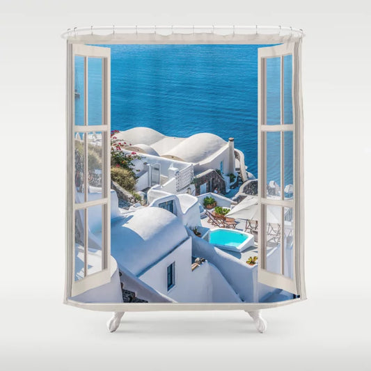 Santorini Greece Ocean View | OPEN WINDOW ART Shower Curtain
