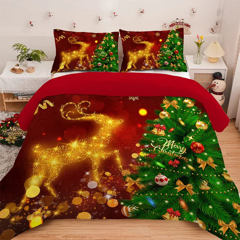 Christmas Duvet Cover Set – Santa & Reindeer Design, 3-Piece Holiday Bedding with Pillowcases