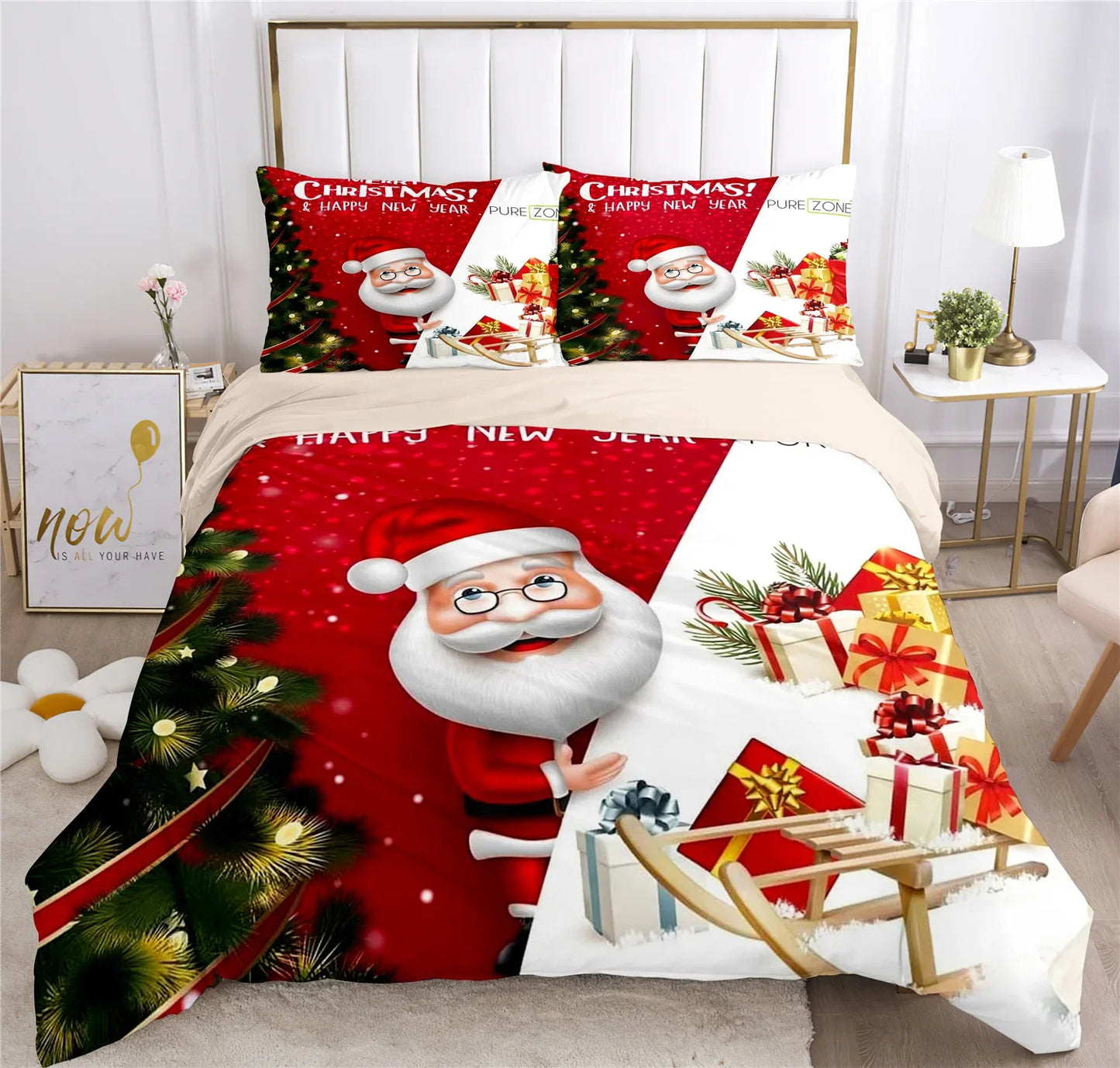 Merry Christmas Santa Claus Holiday Bedding Set – Classic Plaid Christmas Duvet Cover with Pillowcases