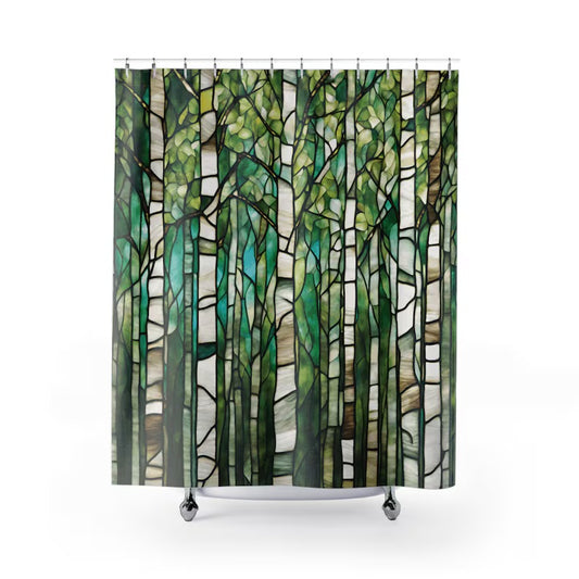 A shower curtain with a stained glass design featuring birch trees in various shades of green, brown, and blue.
