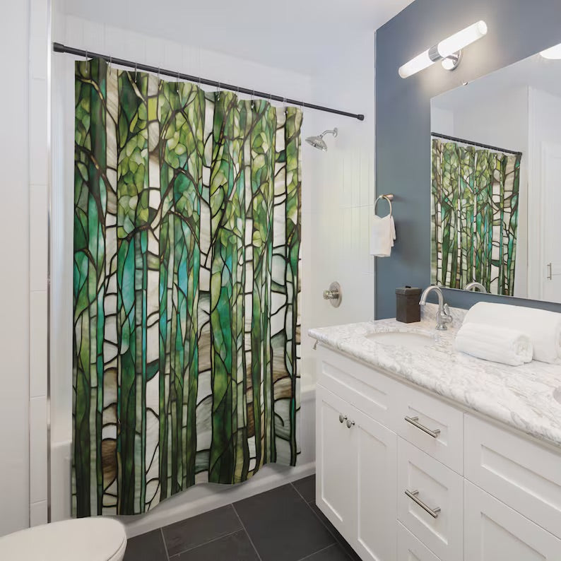 Stained Glass Birch Trees Shower Curtain