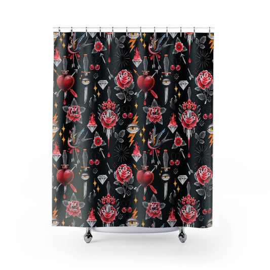 Traditional Tattoo Roses Watercolor Shower Curtain
