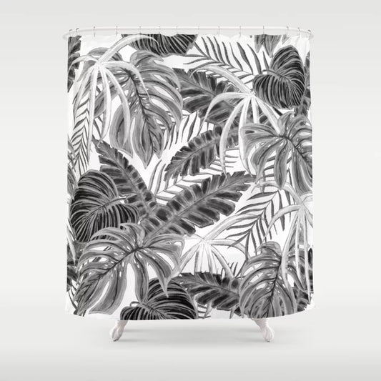 Tropical Leafs Drawing Pattern Black & White Shower Curtain