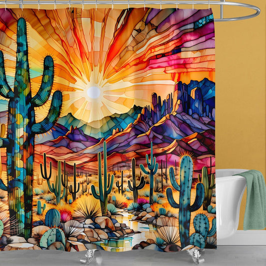 Vibrant Desert Sunset Oasis Stained Glass Shower Curtain