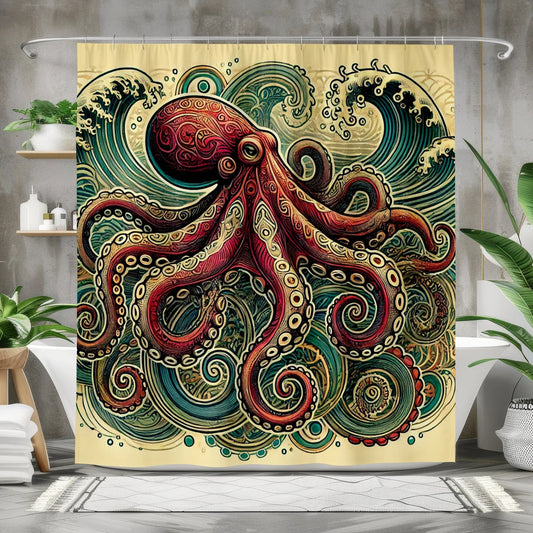 Vibrant Octopus and Ocean Waves Shower Curtain