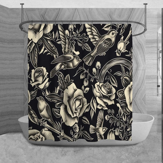 Vintage Monochrome Roses And Birds Shower Curtain