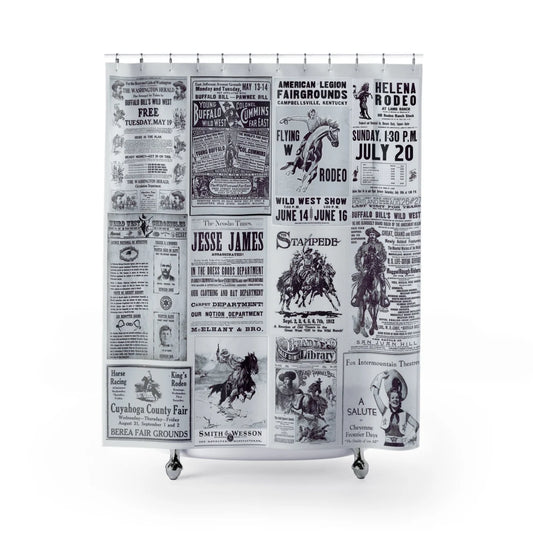 A shower curtain featuring a vintage Western rodeo poster design with black and white graphics, including text and imagery related to historical western events.