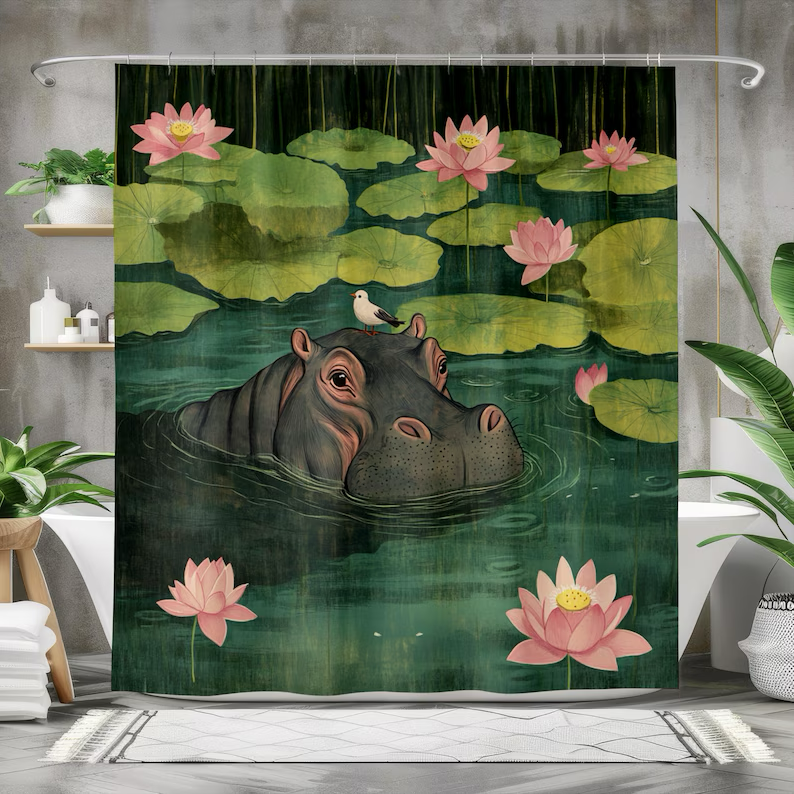 Whimsical Hippo Cute Tropical Animal Shower Curtain