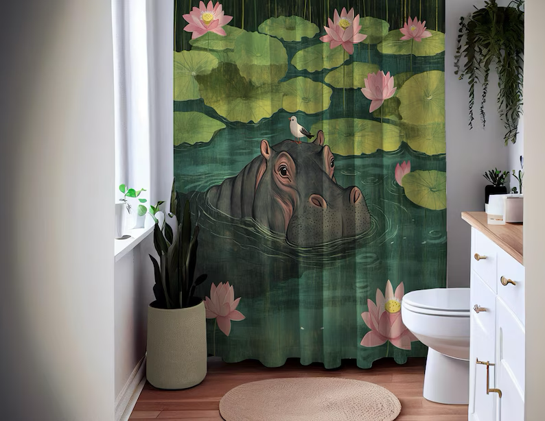 Whimsical Hippo Cute Tropical Animal Shower Curtain