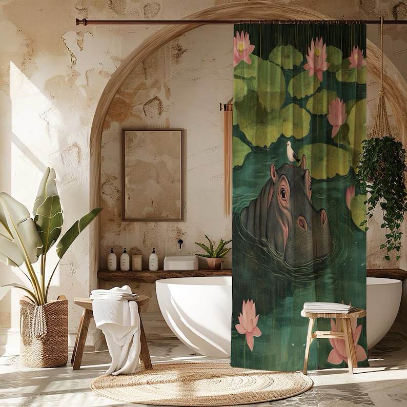 Whimsical Hippo Cute Tropical Animal Shower Curtain