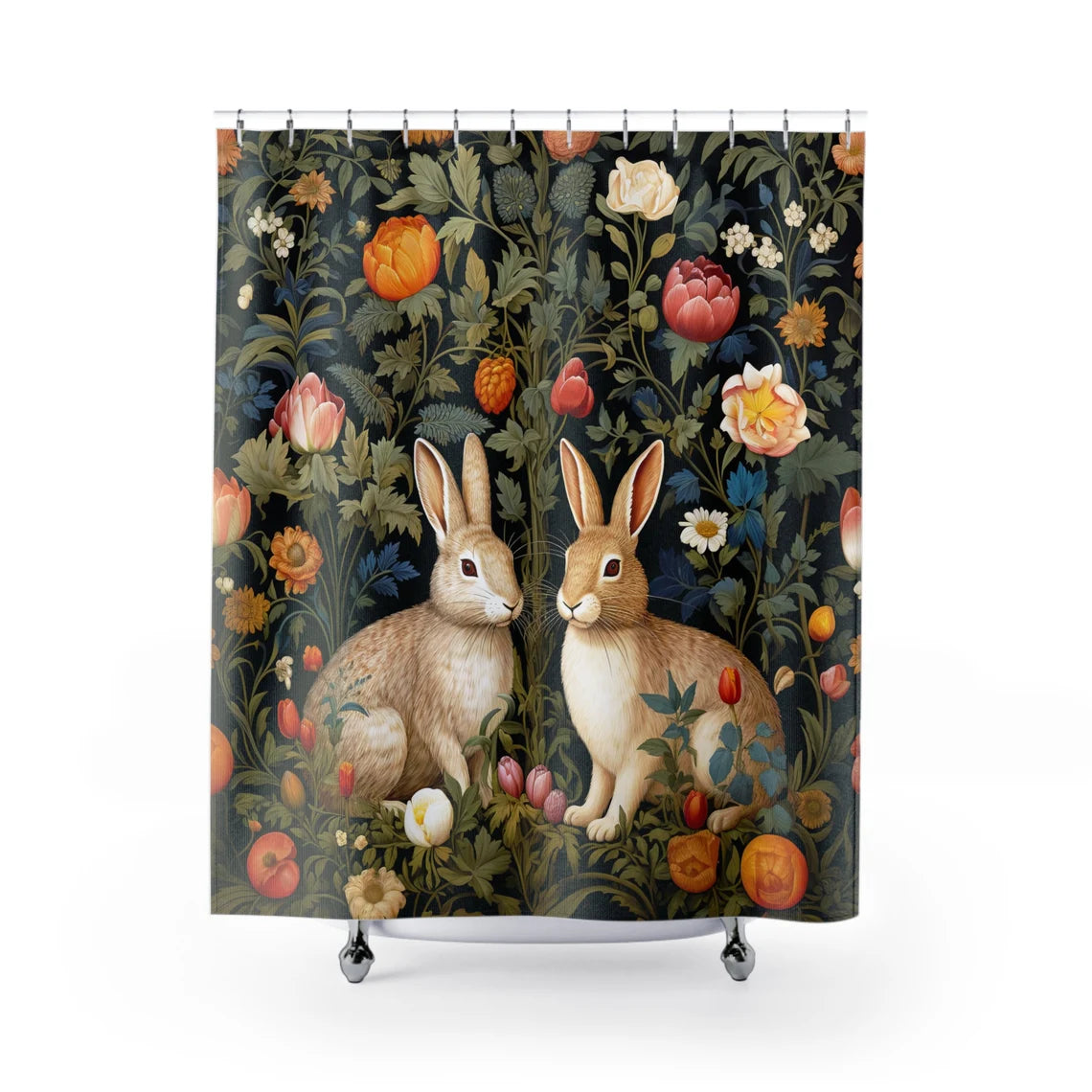 WILLIAM MORRIS Inspired Elegant Rabbits in Bloom Shower Curtain