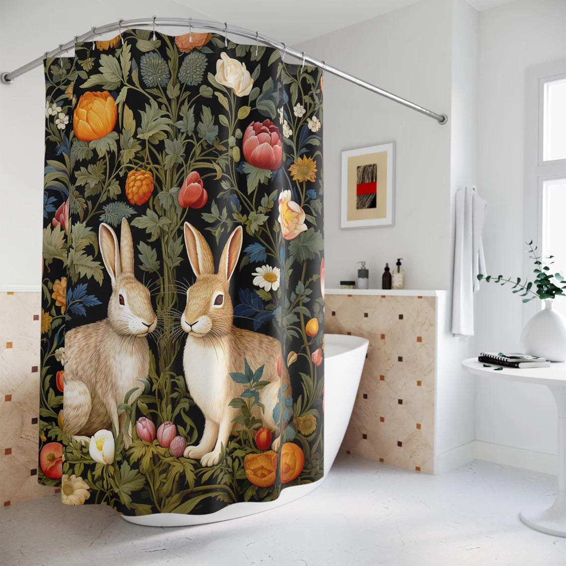 WILLIAM MORRIS Inspired Elegant Rabbits in Bloom Shower Curtain