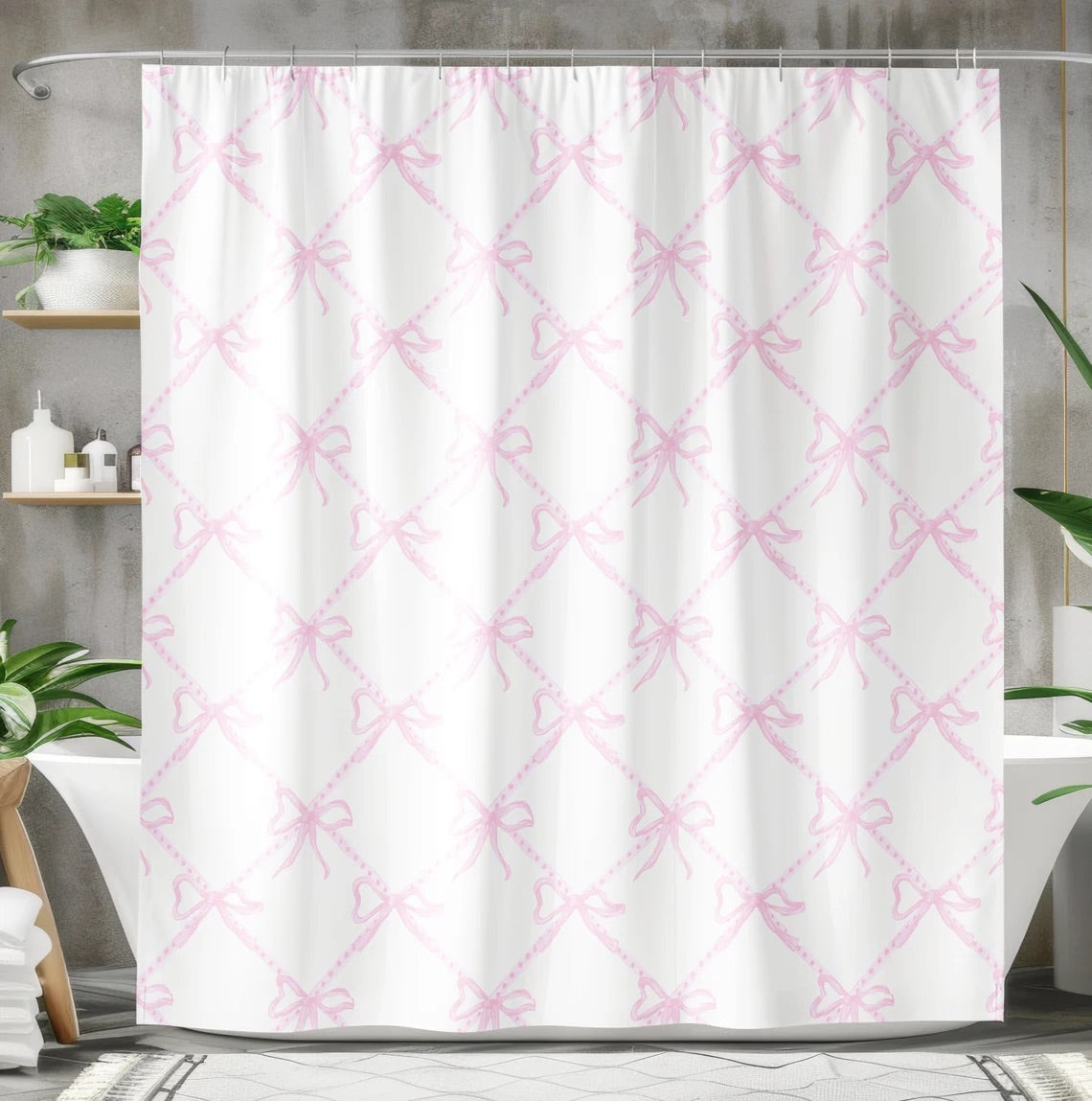 Pink Bow Shower Curtain, Pink & White Ribbon Shower Curtain