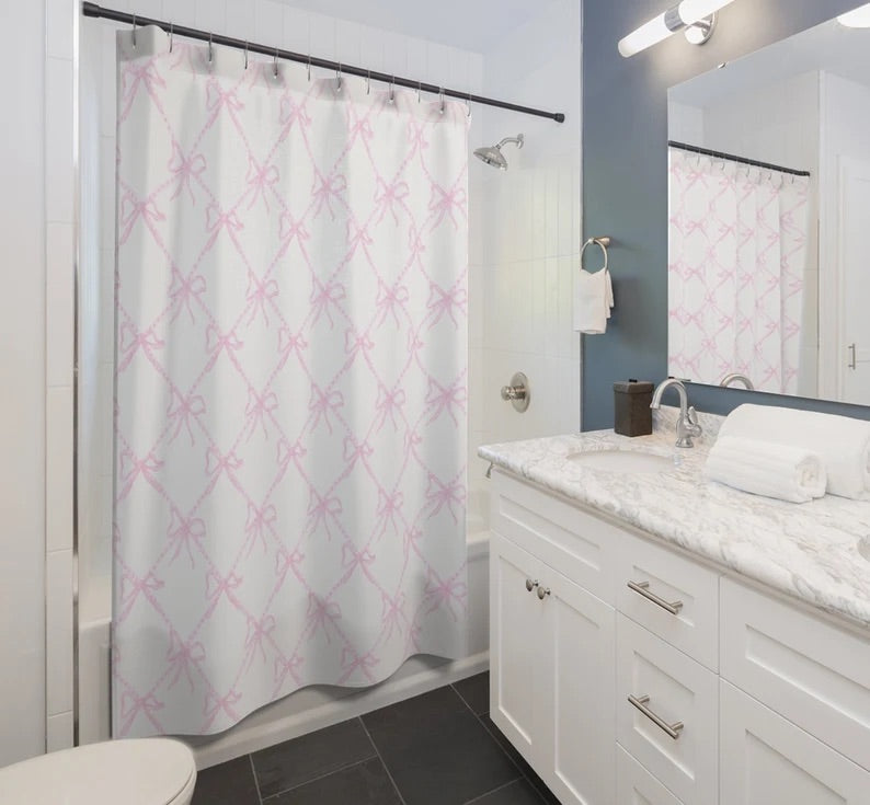 Pink Bow Shower Curtain, Pink & White Ribbon Shower Curtain