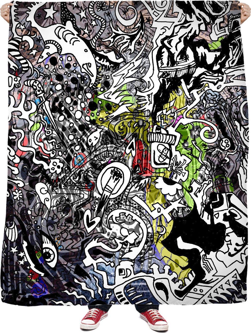 A fleece blanket with a psychedelic, contemporary cartoon design featuring various abstract patterns and characters.