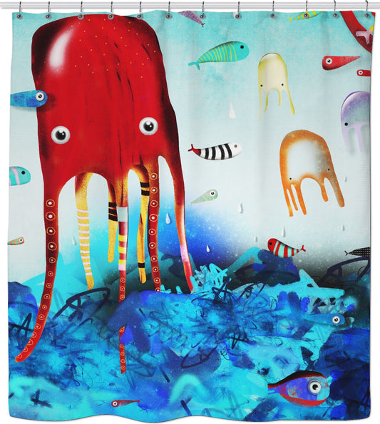 Ruth Fitta Schulz  -  Octopus Fishes Surfing Waves Shower Curtain