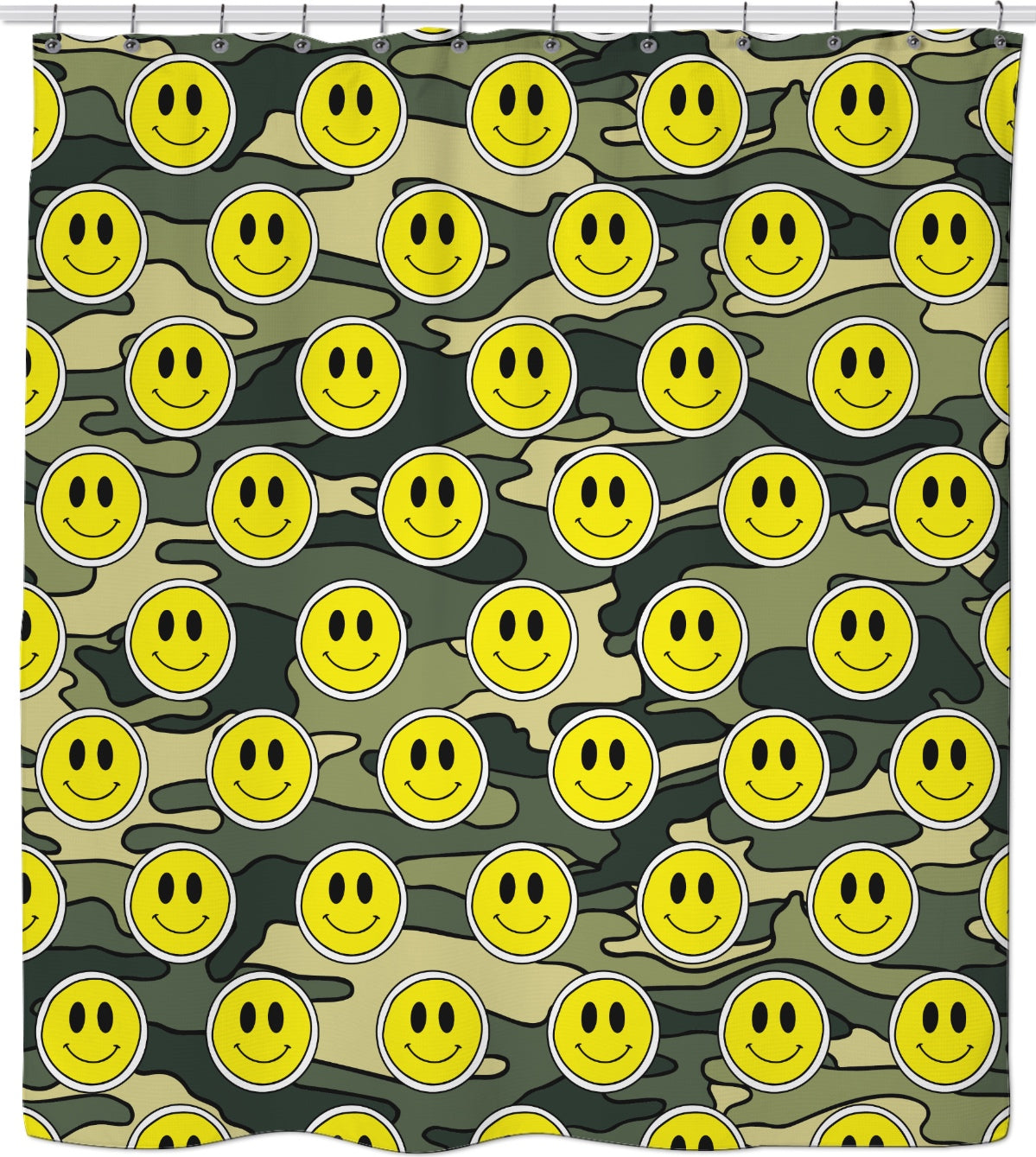 Smiley Face Emoji Green Camo Shower Curtain