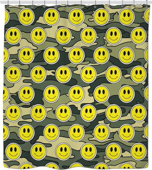 Smiley Face Emoji Green Camo Shower Curtain