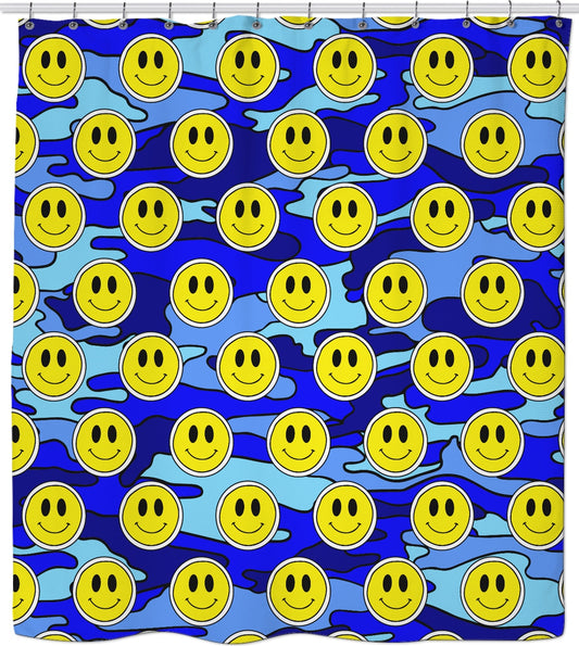 Smiley Face Emoji Blue Camo Shower Curtain